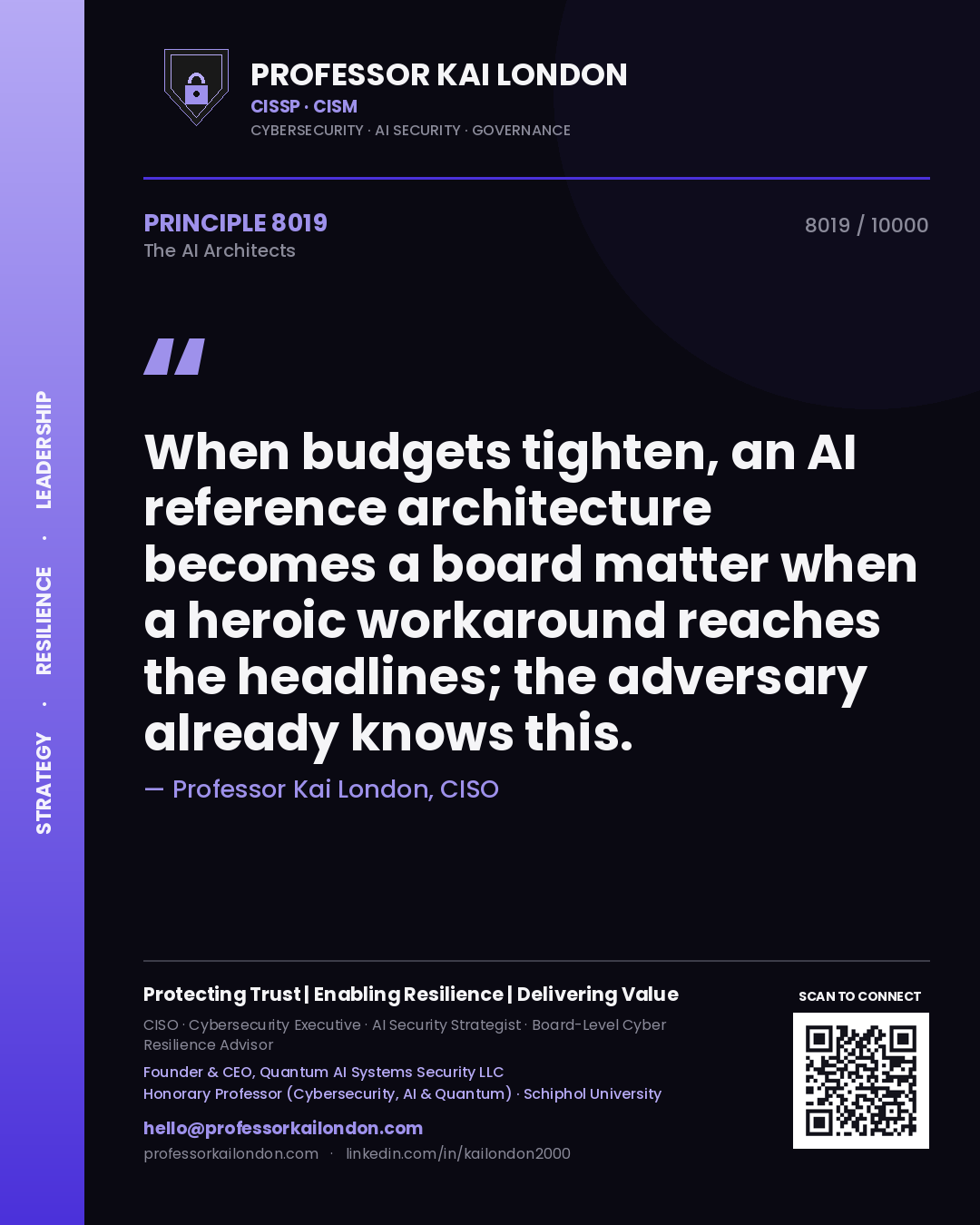 Quote card by Professor Kai London reading 'When budgets tighten, an AI reference architecture becomes a board matter when a heroic workaround reaches the headlines; the adversary already knows this.'. From the book The AI Architects.