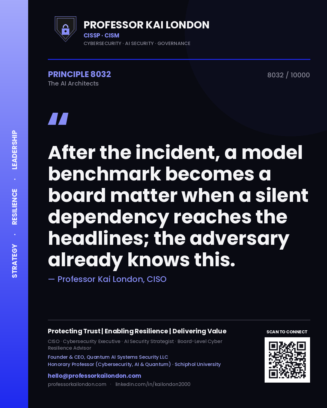 Quote card by Professor Kai London reading 'After the incident, a model benchmark becomes a board matter when a silent dependency reaches the headlines; the adversary already knows this.'. From the book The AI Architects.