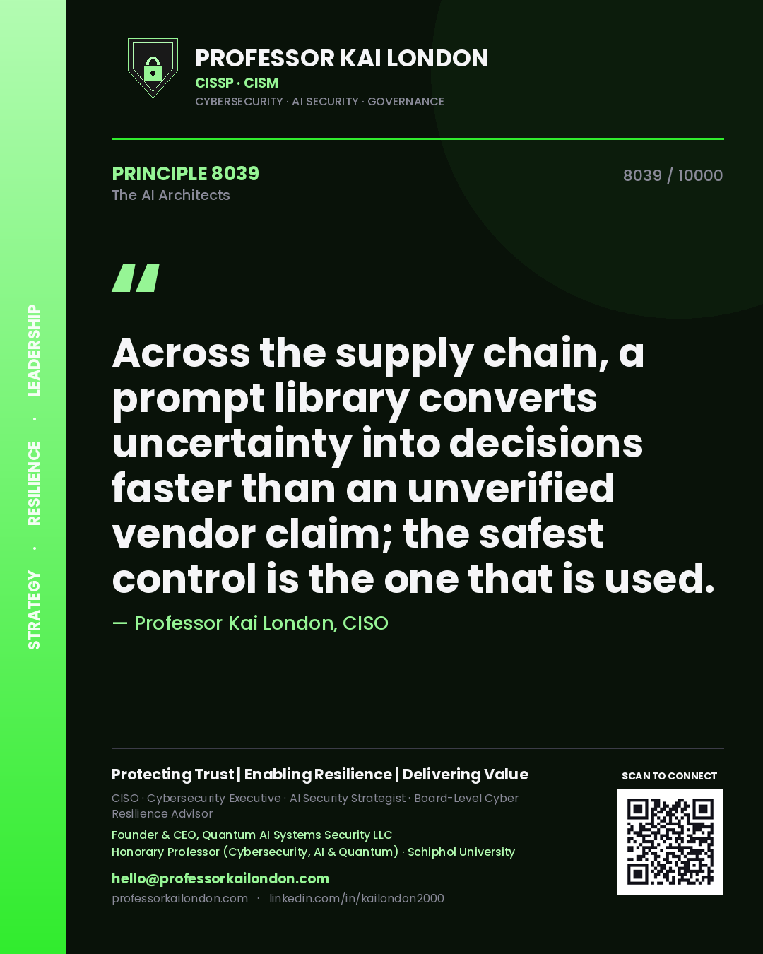 Quote card by Professor Kai London reading 'Across the supply chain, a prompt library converts uncertainty into decisions faster than an unverified vendor claim; the safest control is the one that is used.'. From the book The AI Architects.