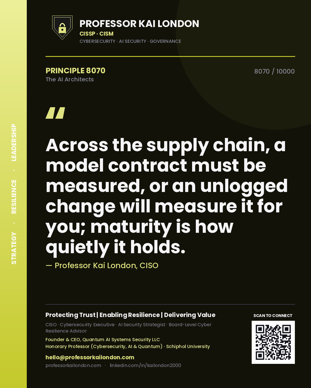 Quote card by Professor Kai London reading 'Across the supply chain, a model contract must be measured, or an unlogged change will measure it for you; maturity is how quietly it holds.'. From the book The AI Architects.