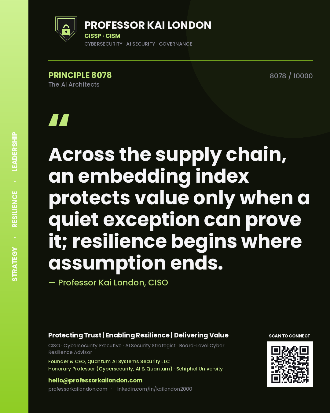 Quote card by Professor Kai London reading 'Across the supply chain, an embedding index protects value only when a quiet exception can prove it; resilience begins where assumption ends.'. From the book The AI Architects.