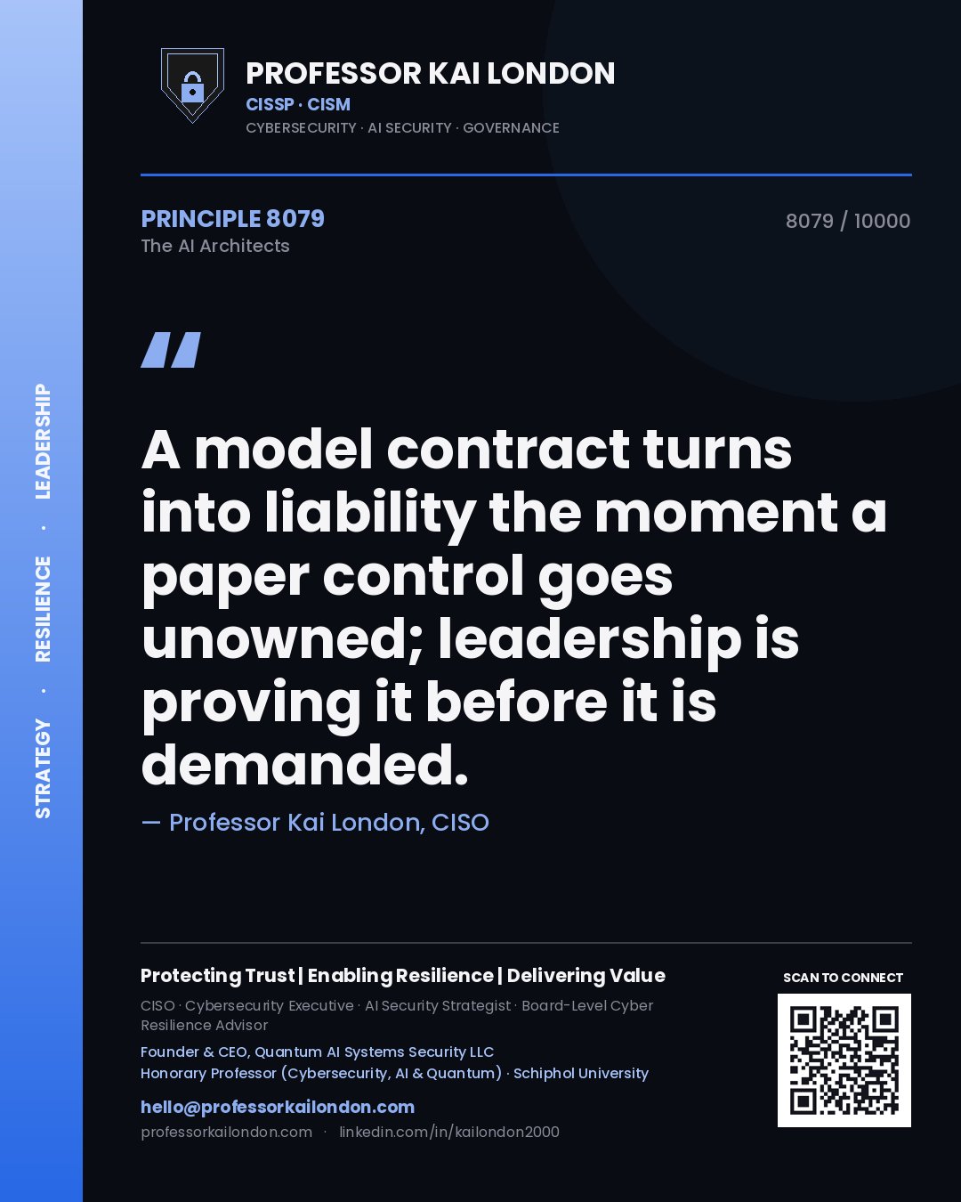 Quote card by Professor Kai London reading 'A model contract turns into liability the moment a paper control goes unowned; leadership is proving it before it is demanded.'. From the book The AI Architects.