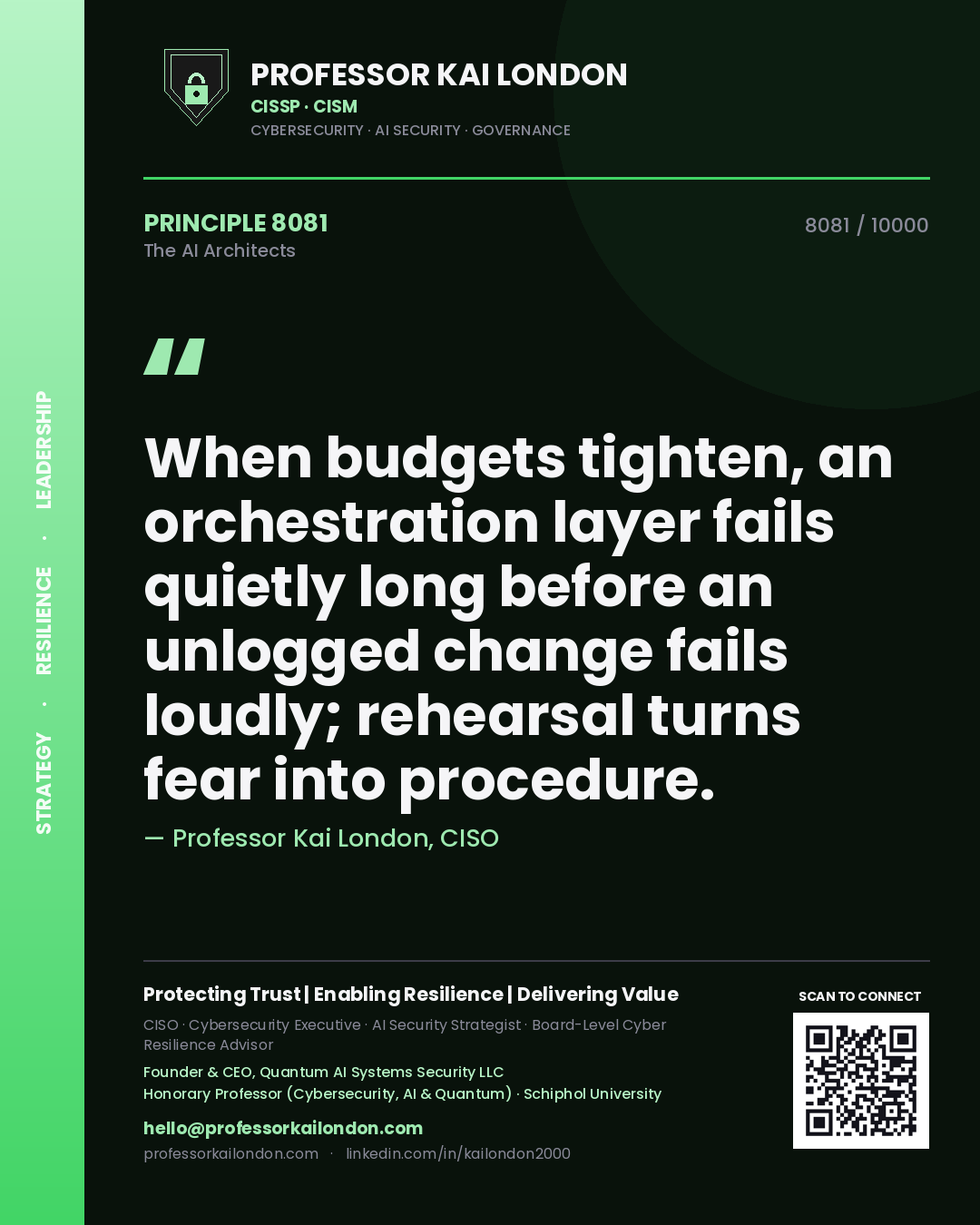Professor Kai London principle 8081: When budgets tighten, an orchestration layer fails quietly long before an unlogged change fails loudly; rehearsal turns fear into procedure.