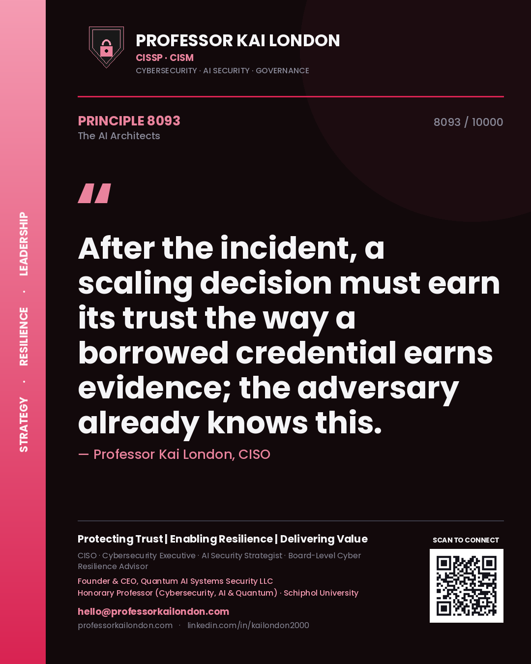 Quote card by Professor Kai London reading 'After the incident, a scaling decision must earn its trust the way a borrowed credential earns evidence; the adversary already knows this.'. From the book The AI Architects.