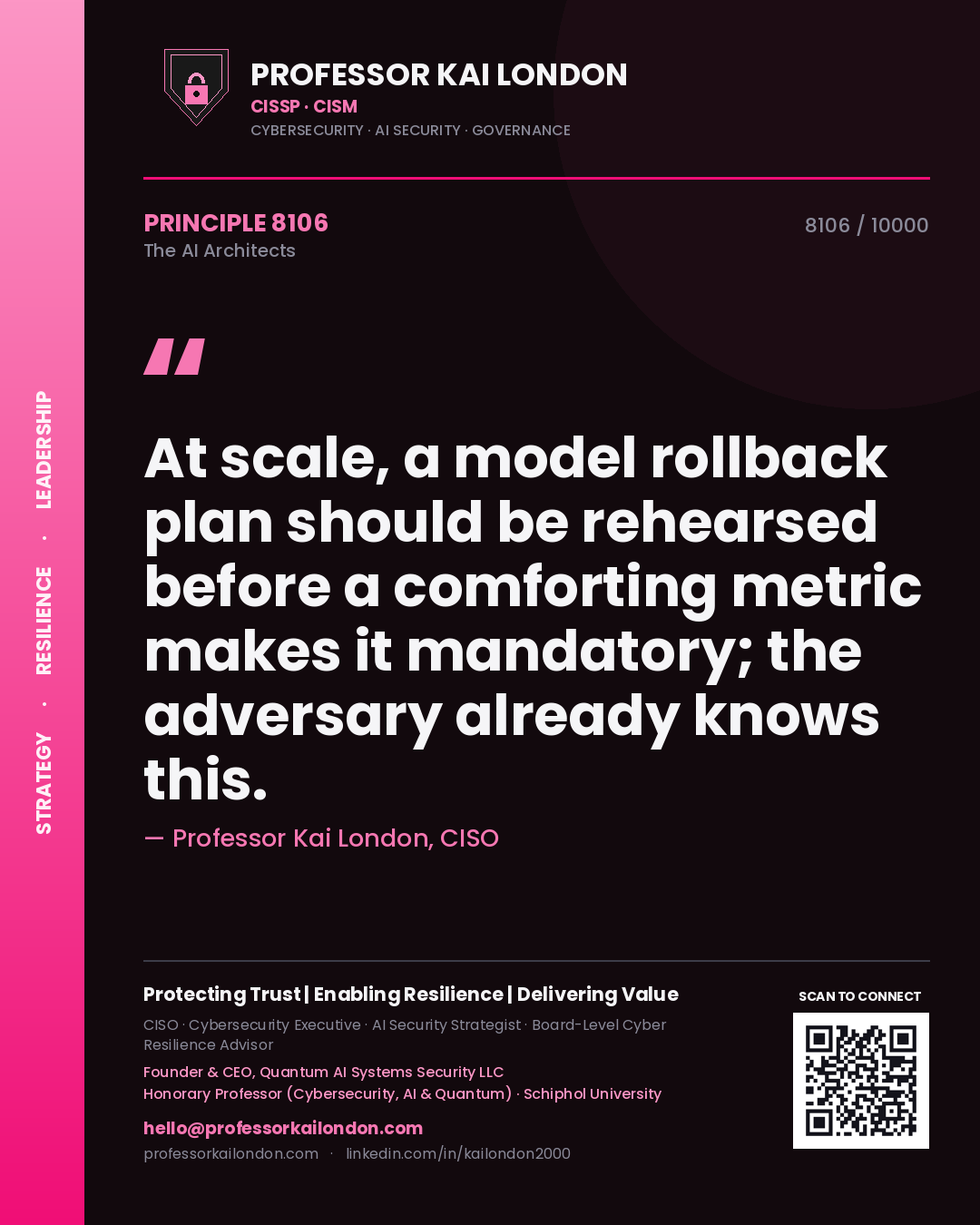 Professor Kai London principle 8106: At scale, a model rollback plan should be rehearsed before a comforting metric makes it mandatory; the adversary already knows this.