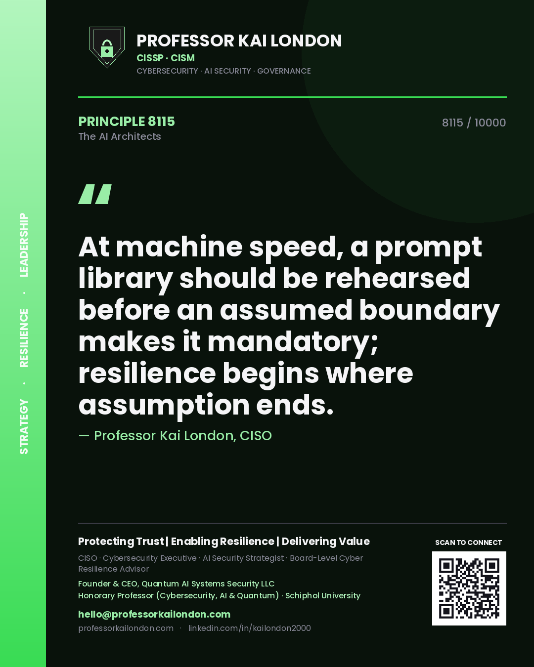 Professor Kai London principle 8115: At machine speed, a prompt library should be rehearsed before an assumed boundary makes it mandatory; resilience begins where assumption ends.