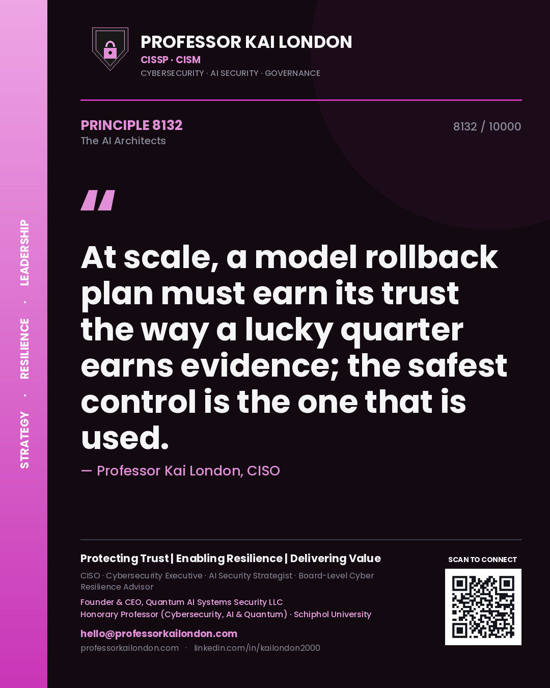 Quote card by Professor Kai London reading 'At scale, a model rollback plan must earn its trust the way a lucky quarter earns evidence; the safest control is the one that is used.'. From the book The AI Architects.