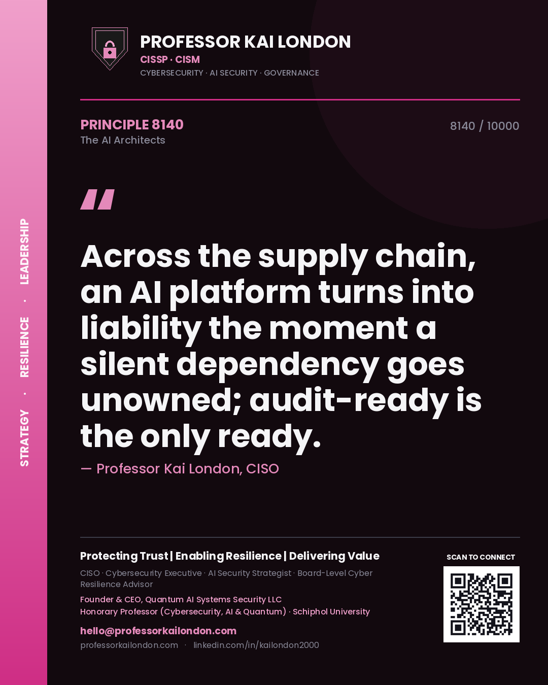 Professor Kai London principle 8140: Across the supply chain, an AI platform turns into liability the moment a silent dependency goes unowned; audit-ready is the only ready.