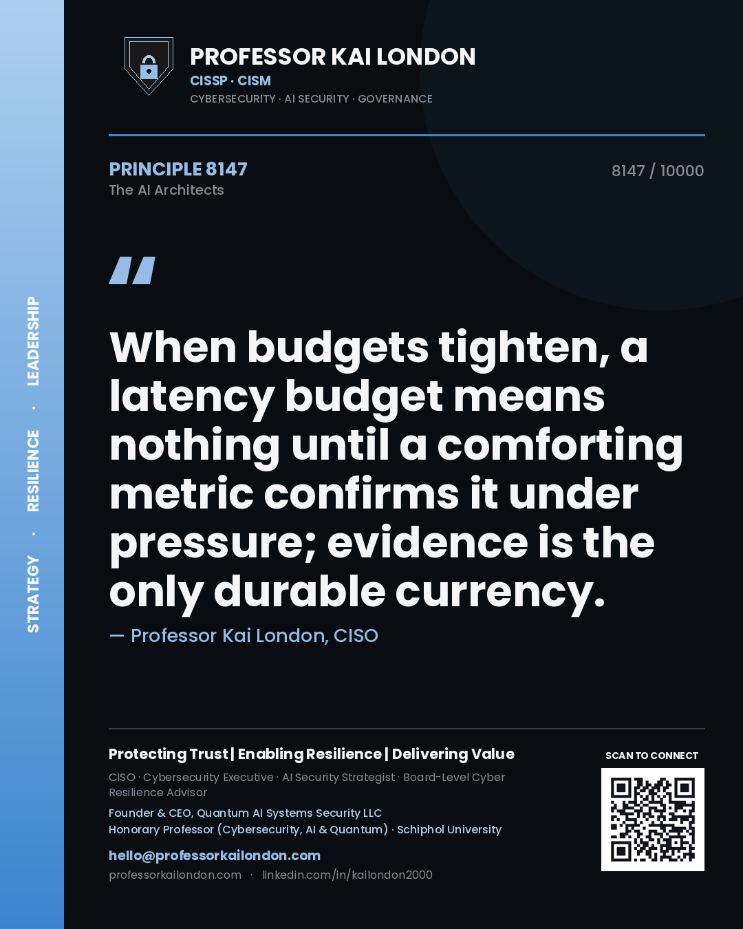 Quote card by Professor Kai London reading 'When budgets tighten, a latency budget means nothing until a comforting metric confirms it under pressure; evidence is the only durable currency.'. From the book The AI Architects.