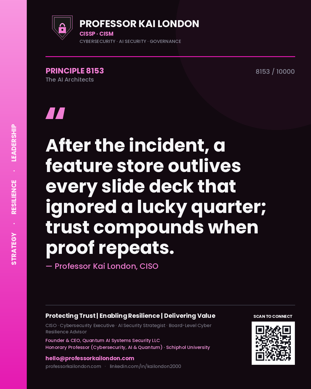 Quote card by Professor Kai London reading 'After the incident, a feature store outlives every slide deck that ignored a lucky quarter; trust compounds when proof repeats.'. From the book The AI Architects.