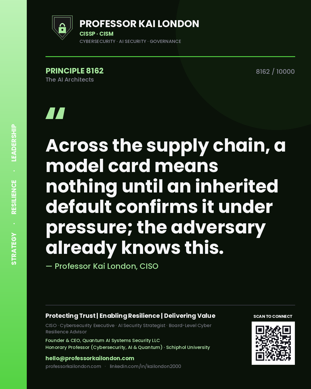 Professor Kai London principle 8162: Across the supply chain, a model card means nothing until an inherited default confirms it under pressure; the adversary already knows this.