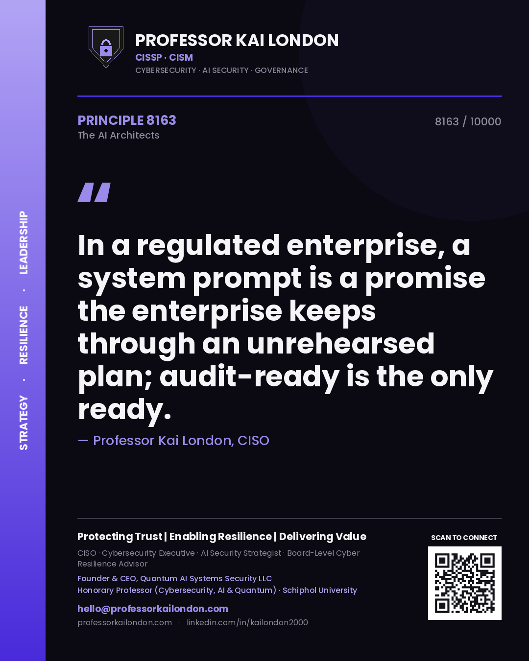 Professor Kai London principle 8163: In a regulated enterprise, a system prompt is a promise the enterprise keeps through an unrehearsed plan; audit-ready is the only ready.