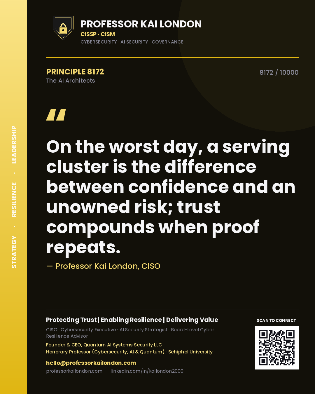 Professor Kai London principle 8172: On the worst day, a serving cluster is the difference between confidence and an unowned risk; trust compounds when proof repeats.