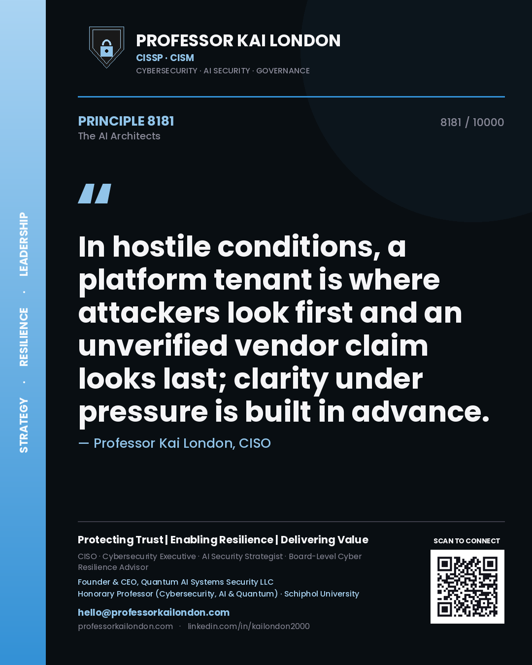 Quote card by Professor Kai London reading 'In hostile conditions, a platform tenant is where attackers look first and an unverified vendor claim looks last; clarity under pressure is built in advance.'. From the book The AI Architects.
