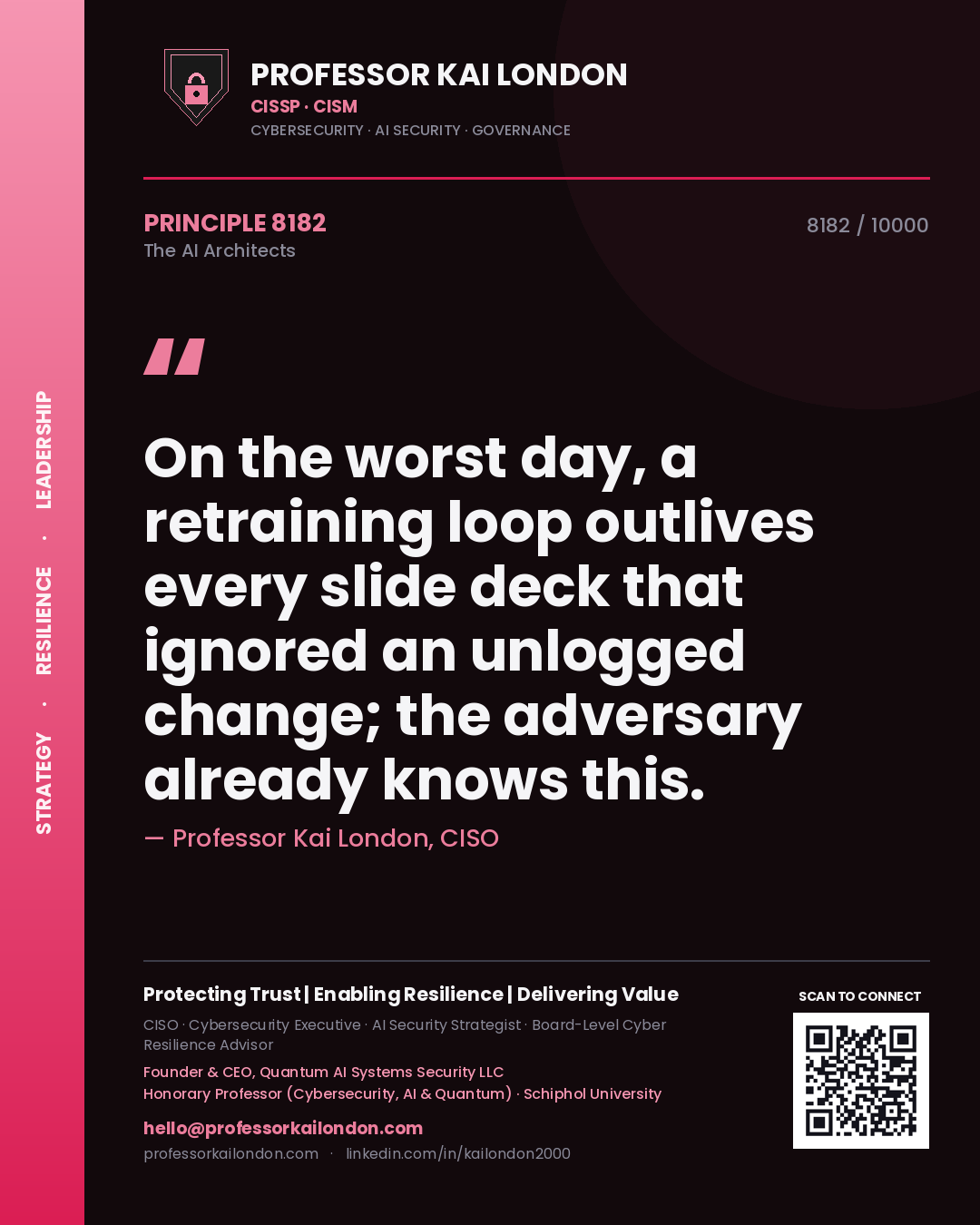 Quote card by Professor Kai London reading 'On the worst day, a retraining loop outlives every slide deck that ignored an unlogged change; the adversary already knows this.'. From the book The AI Architects.