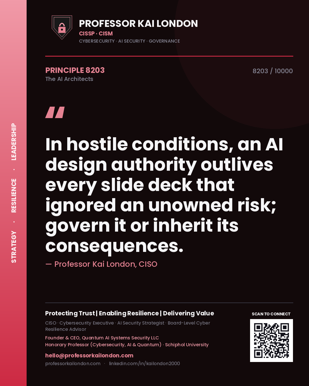 Quote card by Professor Kai London reading 'In hostile conditions, an AI design authority outlives every slide deck that ignored an unowned risk; govern it or inherit its consequences.'. From the book The AI Architects.