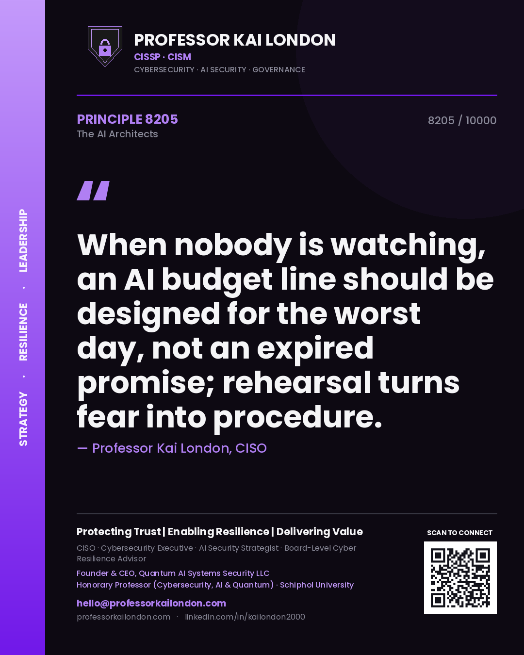 Quote card by Professor Kai London reading 'When nobody is watching, an AI budget line should be designed for the worst day, not an expired promise; rehearsal turns fear into procedure.'. From the book The AI Architects.