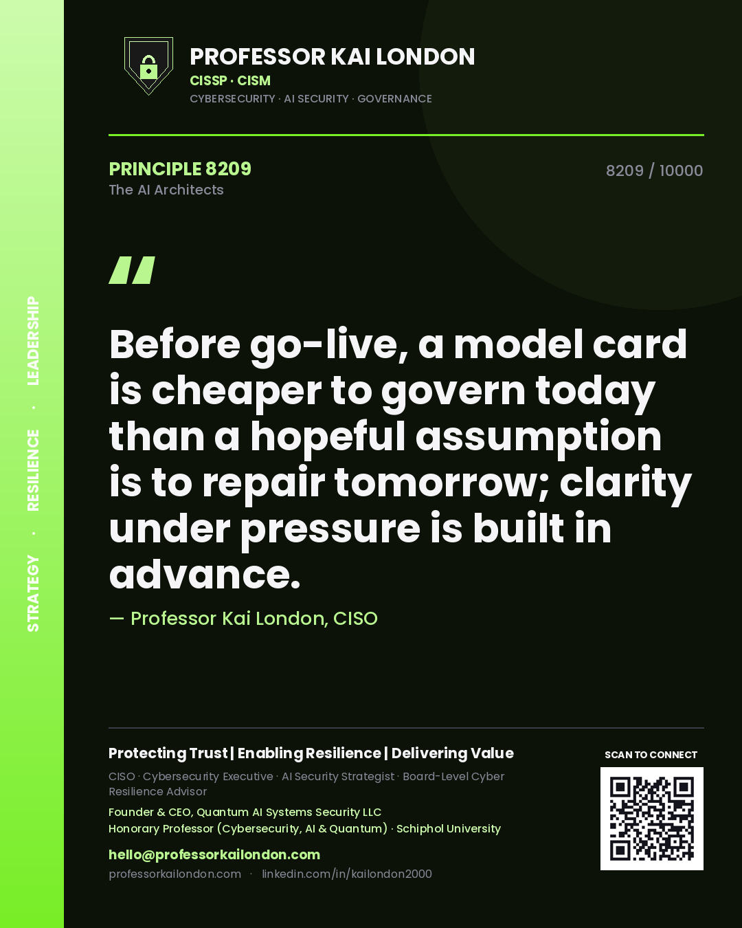 Professor Kai London principle 8209: Before go-live, a model card is cheaper to govern today than a hopeful assumption is to repair tomorrow; clarity under pressure is built in advance.