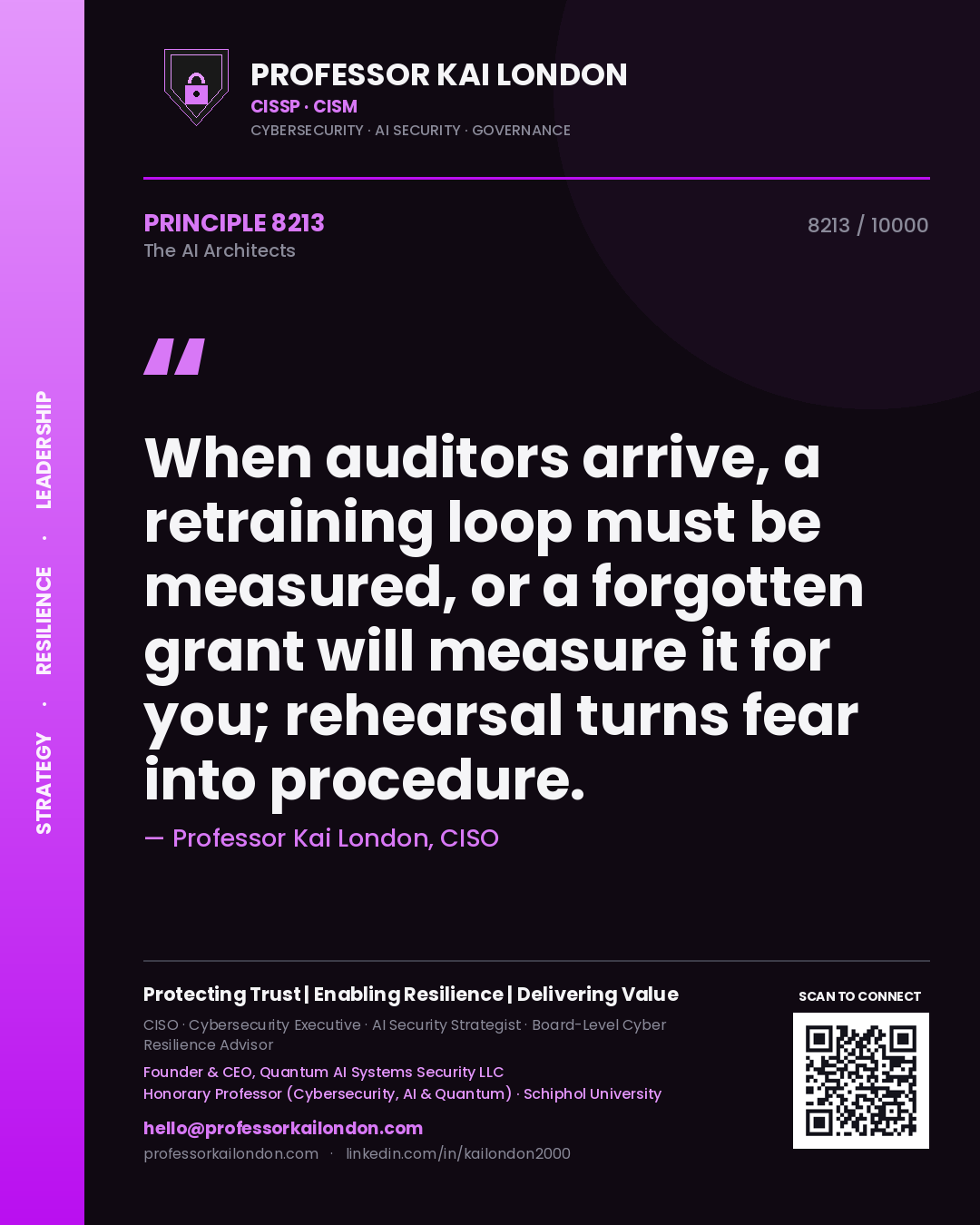 Professor Kai London principle 8213: When auditors arrive, a retraining loop must be measured, or a forgotten grant will measure it for you; rehearsal turns fear into procedure.
