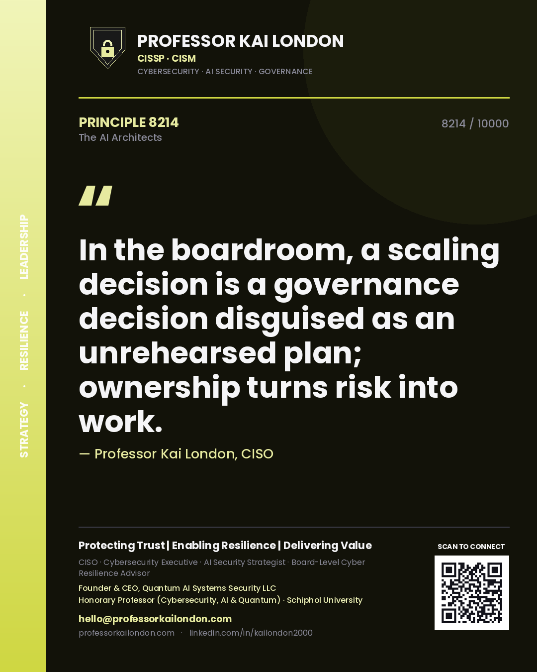 Professor Kai London principle 8214: In the boardroom, a scaling decision is a governance decision disguised as an unrehearsed plan; ownership turns risk into work.