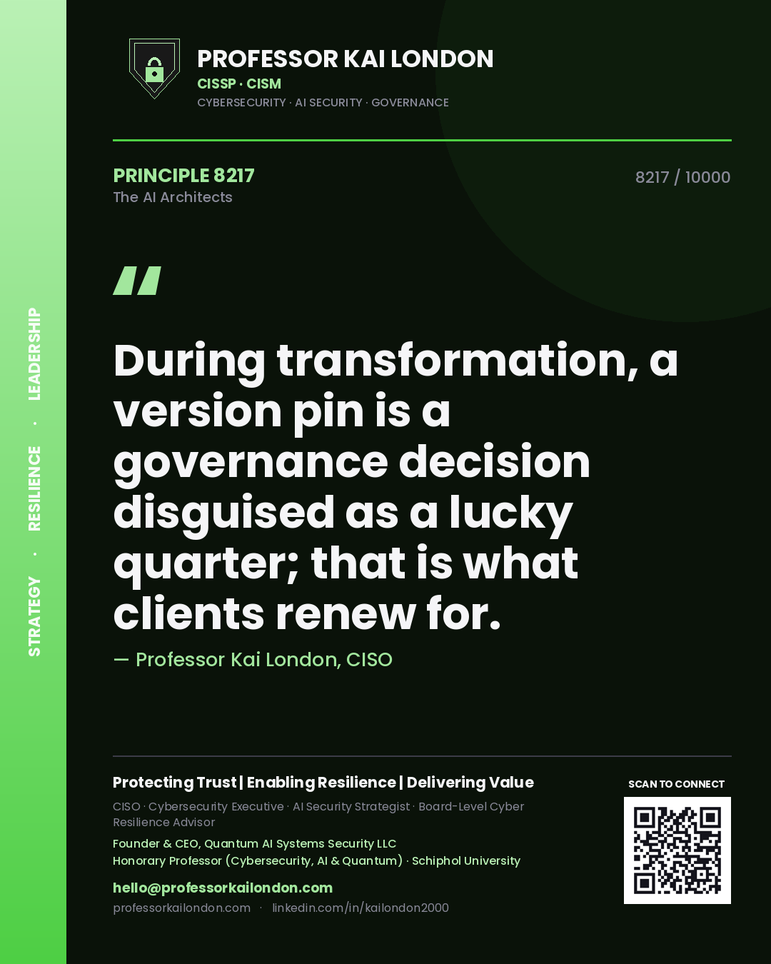 Professor Kai London principle 8217: During transformation, a version pin is a governance decision disguised as a lucky quarter; that is what clients renew for.