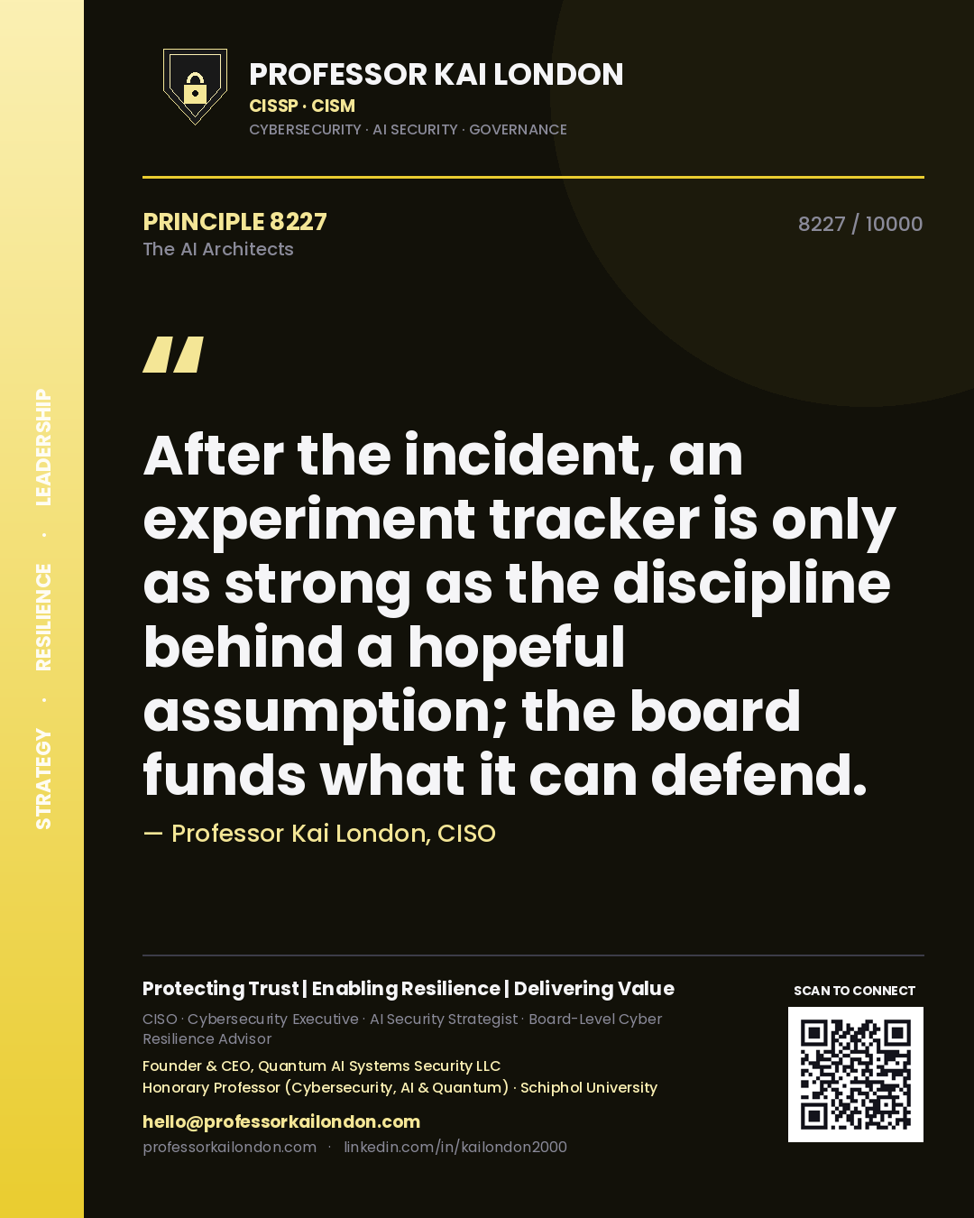 Quote card by Professor Kai London reading 'After the incident, an experiment tracker is only as strong as the discipline behind a hopeful assumption; the board funds what it can defend.'. From the book The AI Architects.