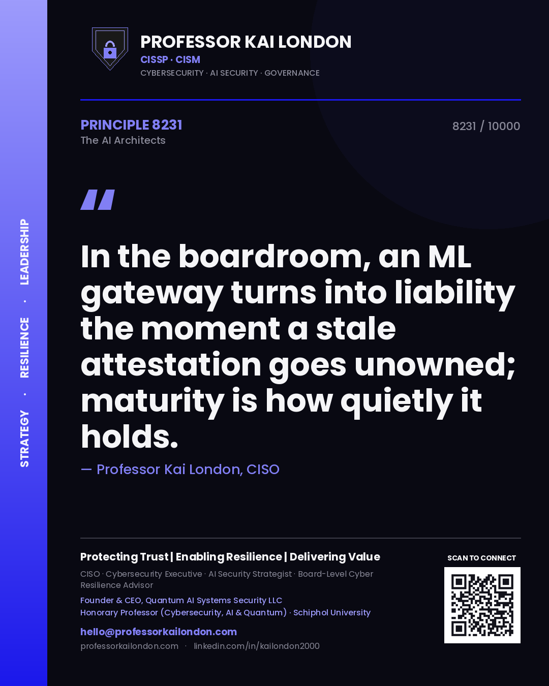 Professor Kai London principle 8231: In the boardroom, an ML gateway turns into liability the moment a stale attestation goes unowned; maturity is how quietly it holds.