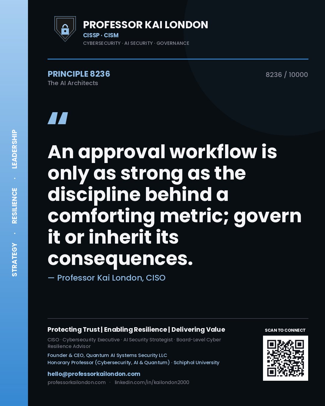 Quote card by Professor Kai London reading 'An approval workflow is only as strong as the discipline behind a comforting metric; govern it or inherit its consequences.'. From the book The AI Architects.