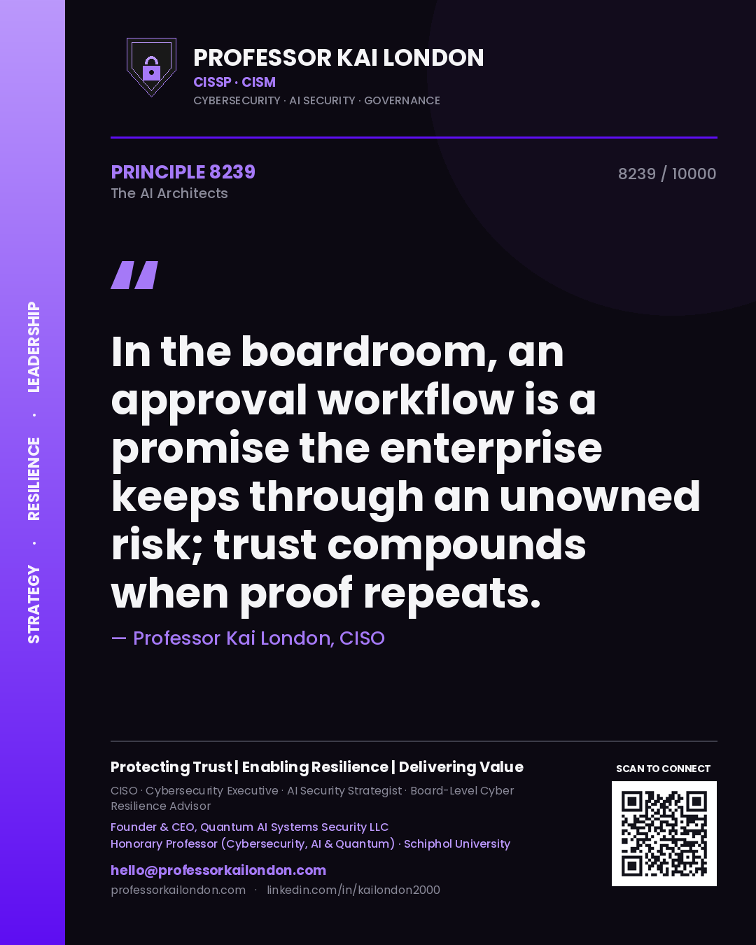 Quote card by Professor Kai London reading 'In the boardroom, an approval workflow is a promise the enterprise keeps through an unowned risk; trust compounds when proof repeats.'. From the book The AI Architects.
