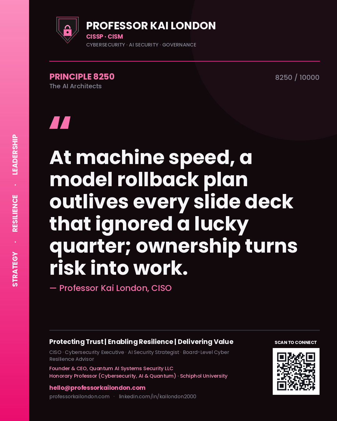 Professor Kai London principle 8250: At machine speed, a model rollback plan outlives every slide deck that ignored a lucky quarter; ownership turns risk into work.