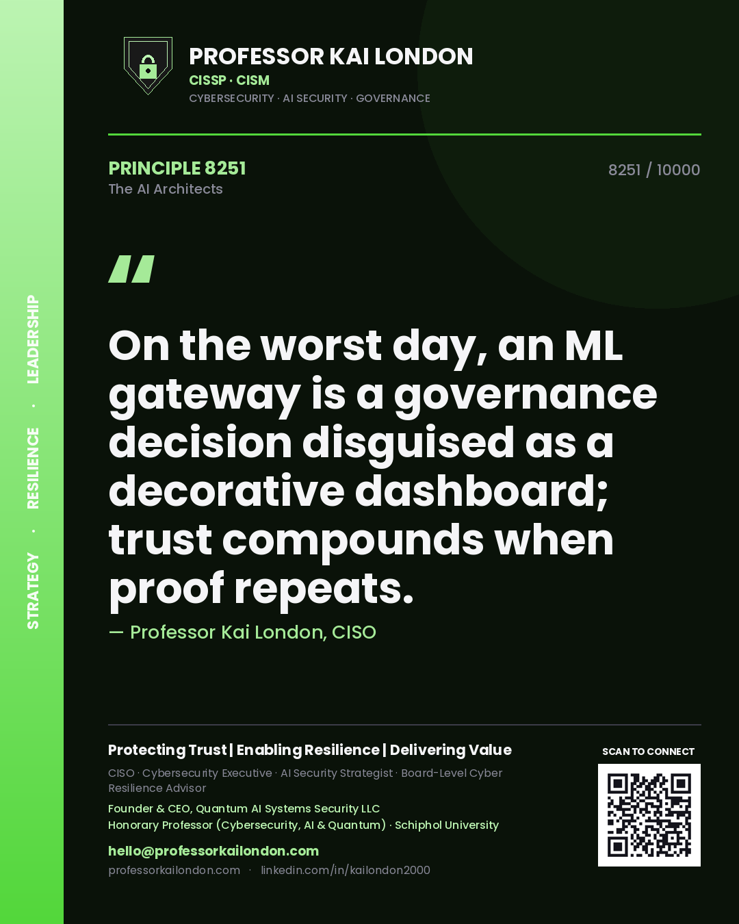 Quote card by Professor Kai London reading 'On the worst day, an ML gateway is a governance decision disguised as a decorative dashboard; trust compounds when proof repeats.'. From the book The AI Architects.