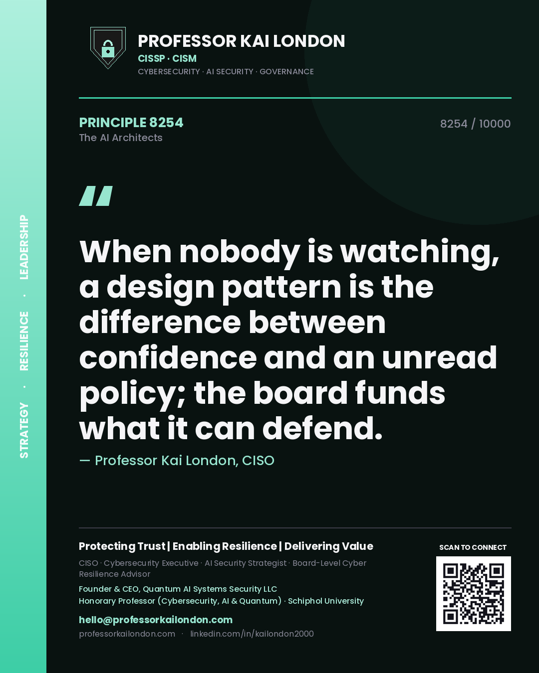 Quote card by Professor Kai London reading 'When nobody is watching, a design pattern is the difference between confidence and an unread policy; the board funds what it can defend.'. From the book The AI Architects.