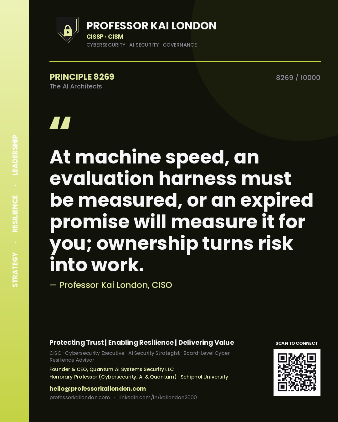 Quote card by Professor Kai London reading 'At machine speed, an evaluation harness must be measured, or an expired promise will measure it for you; ownership turns risk into work.'. From the book The AI Architects.