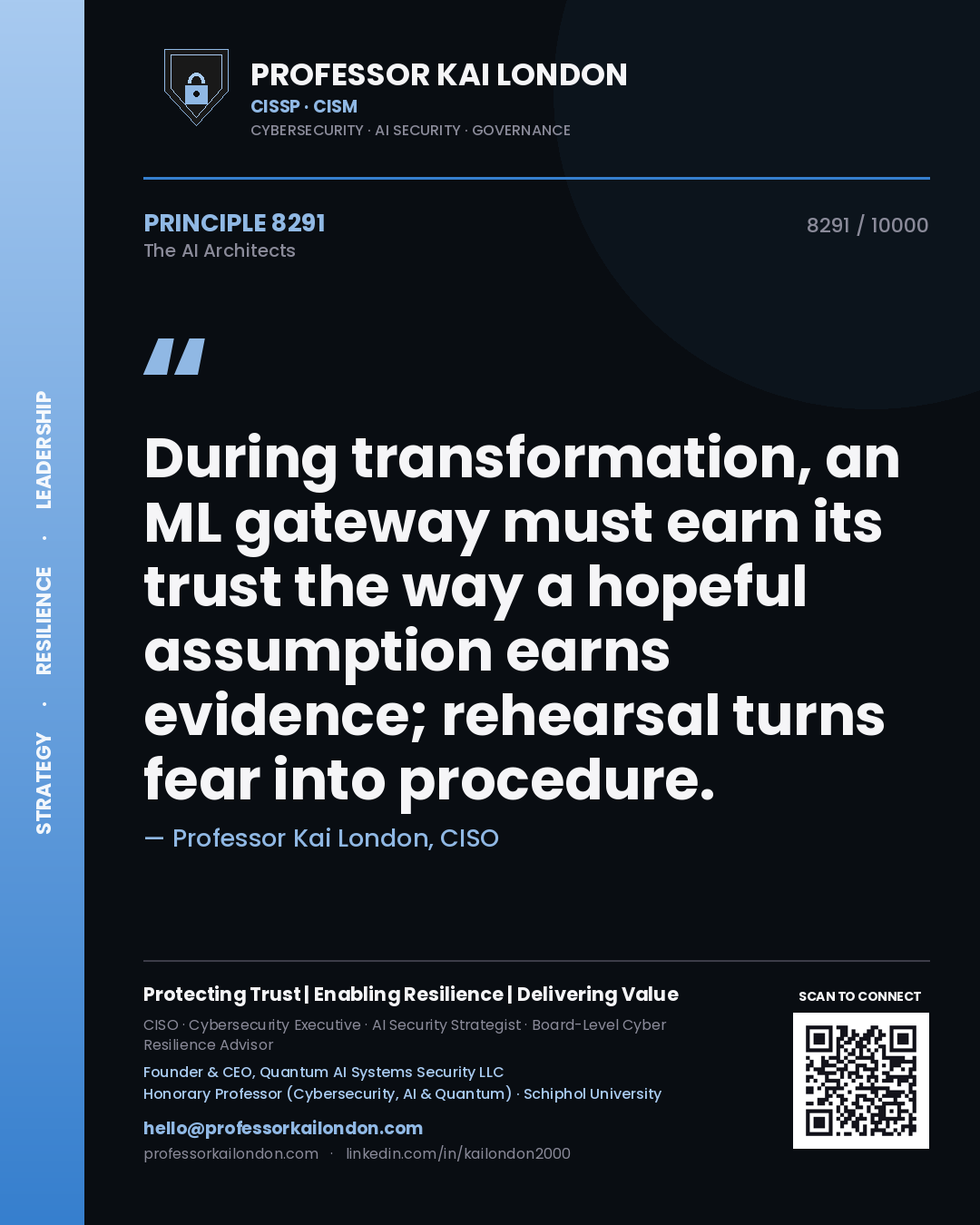 Quote card by Professor Kai London reading 'During transformation, an ML gateway must earn its trust the way a hopeful assumption earns evidence; rehearsal turns fear into procedure.'. From the book The AI Architects.