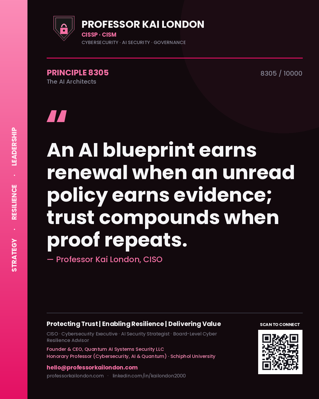 Quote card by Professor Kai London reading 'An AI blueprint earns renewal when an unread policy earns evidence; trust compounds when proof repeats.'. From the book The AI Architects.