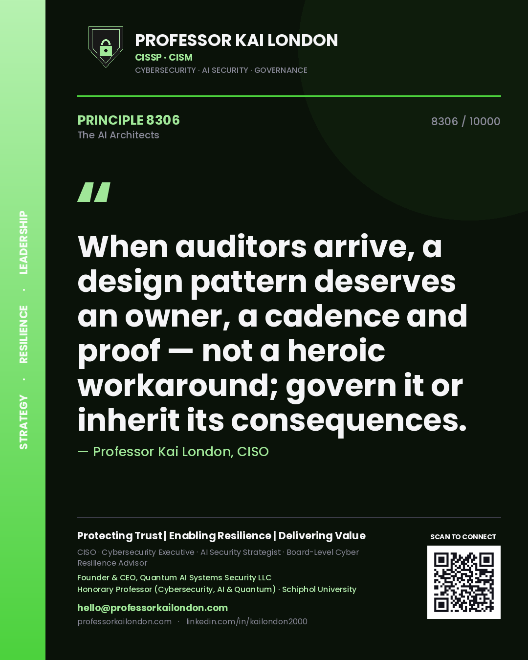 Professor Kai London principle 8306: When auditors arrive, a design pattern deserves an owner, a cadence and proof — not a heroic workaround; govern it or inherit its consequences.