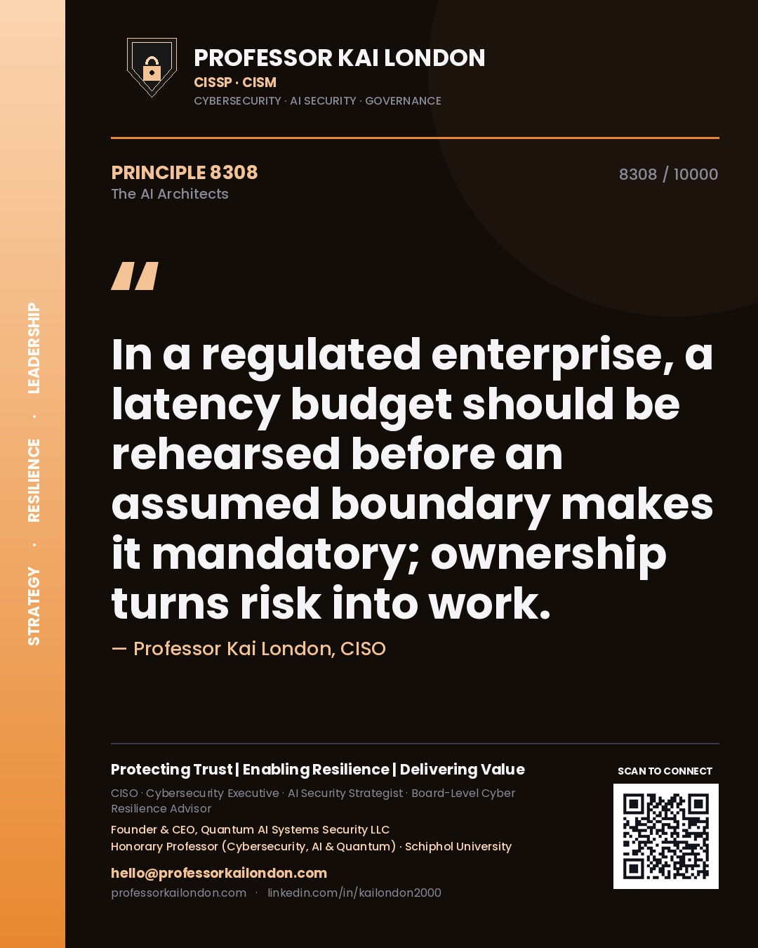 Quote card by Professor Kai London reading 'In a regulated enterprise, a latency budget should be rehearsed before an assumed boundary makes it mandatory; ownership turns risk into work.'. From the book The AI Architects.