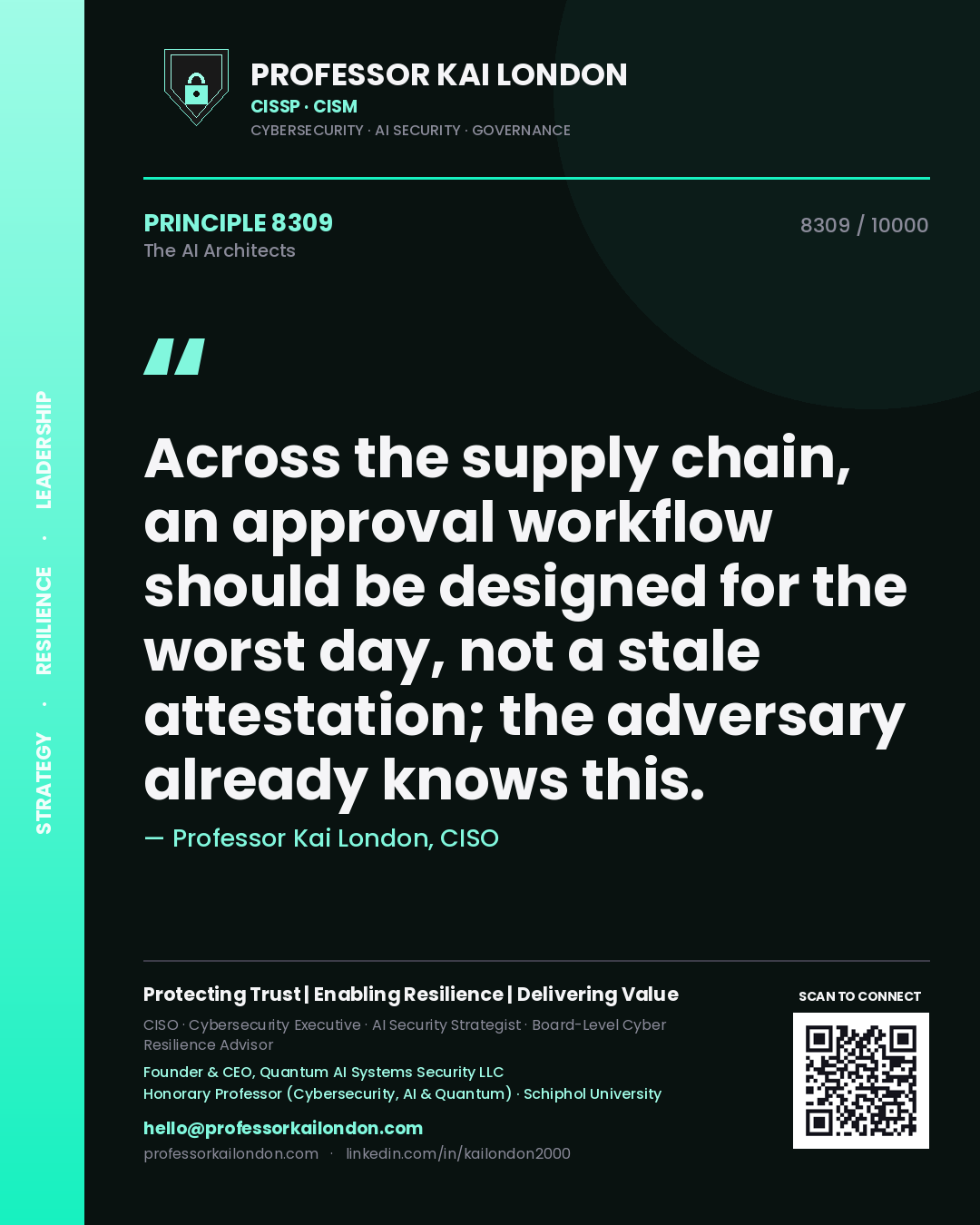 Quote card by Professor Kai London reading 'Across the supply chain, an approval workflow should be designed for the worst day, not a stale attestation; the adversary already knows this.'. From the book The AI Architects.