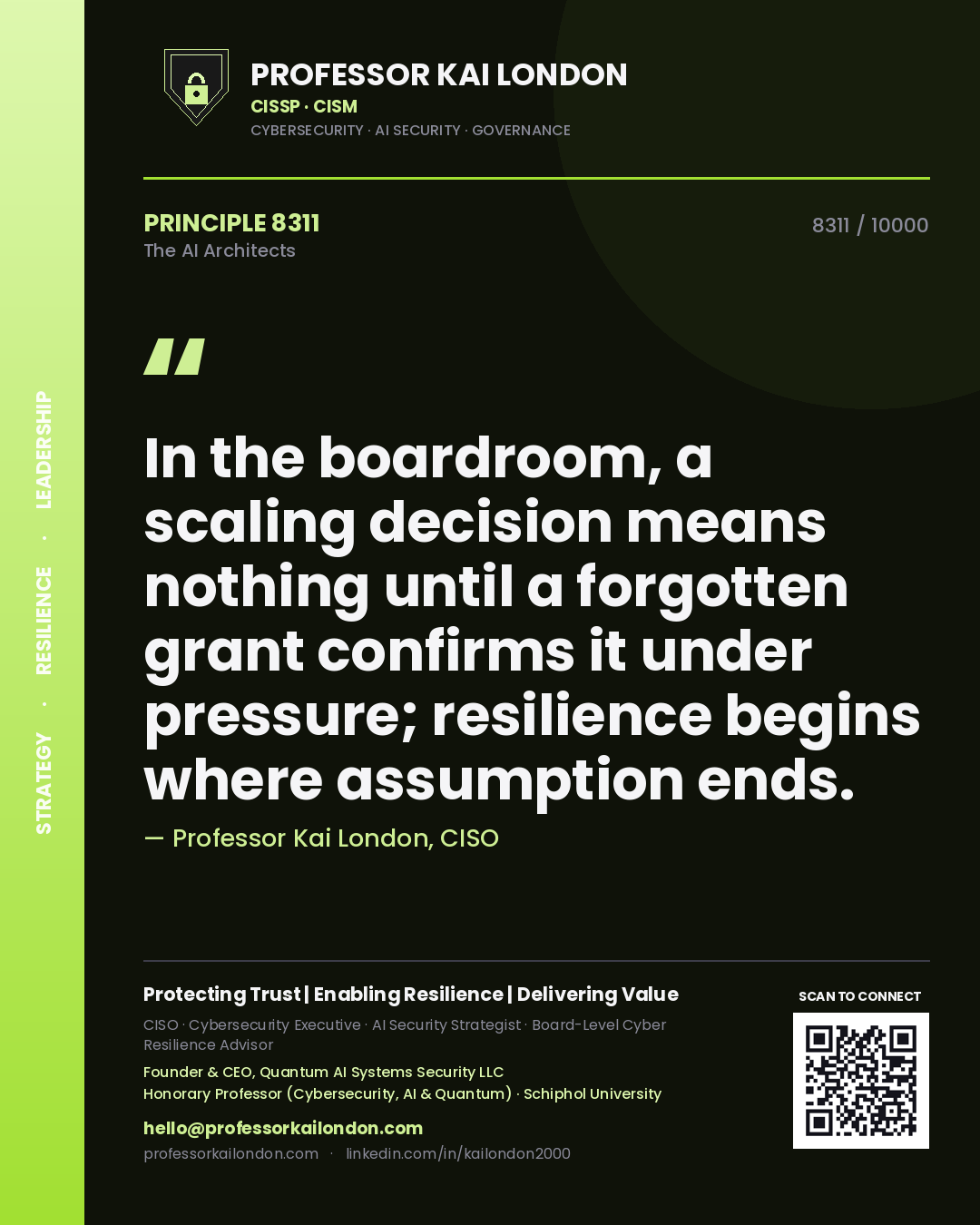Professor Kai London principle 8311: In the boardroom, a scaling decision means nothing until a forgotten grant confirms it under pressure; resilience begins where assumption ends.