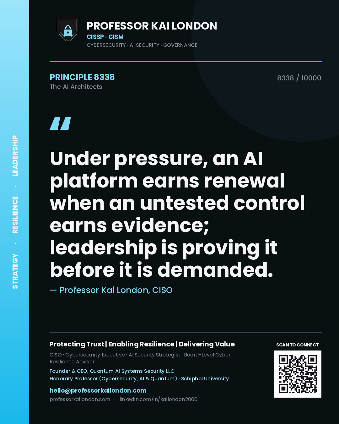 Quote card by Professor Kai London reading 'Under pressure, an AI platform earns renewal when an untested control earns evidence; leadership is proving it before it is demanded.'. From the book The AI Architects.