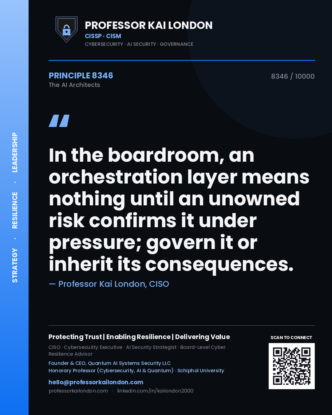 Quote card by Professor Kai London reading 'In the boardroom, an orchestration layer means nothing until an unowned risk confirms it under pressure; govern it or inherit its consequences.'. From the book The AI Architects.