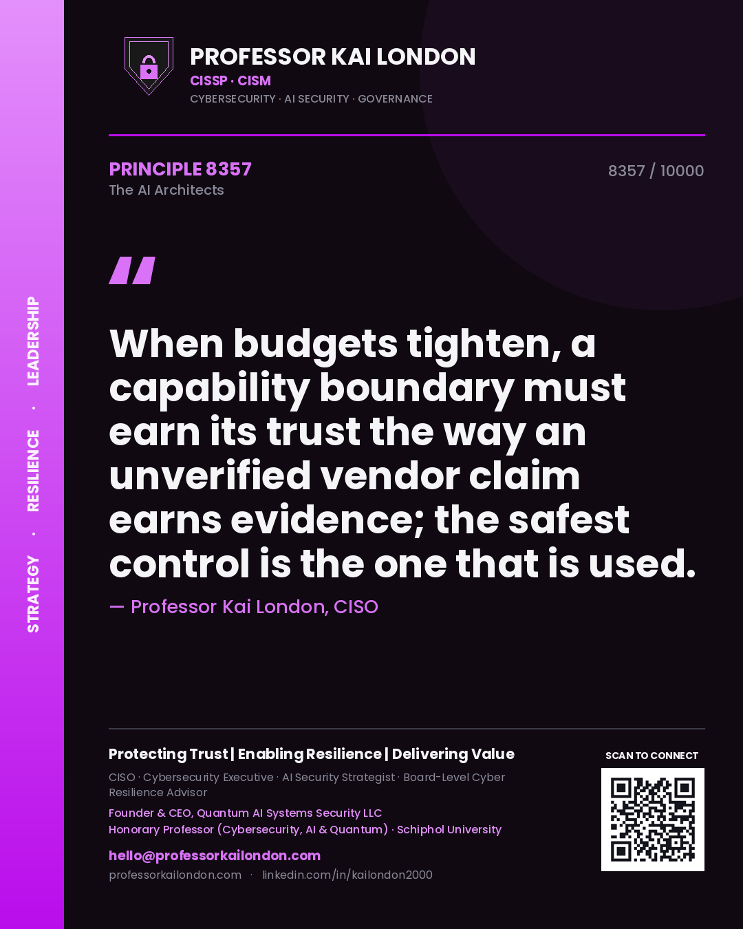 Professor Kai London principle 8357: When budgets tighten, a capability boundary must earn its trust the way an unverified vendor claim earns evidence; the safest control is the one that is used.