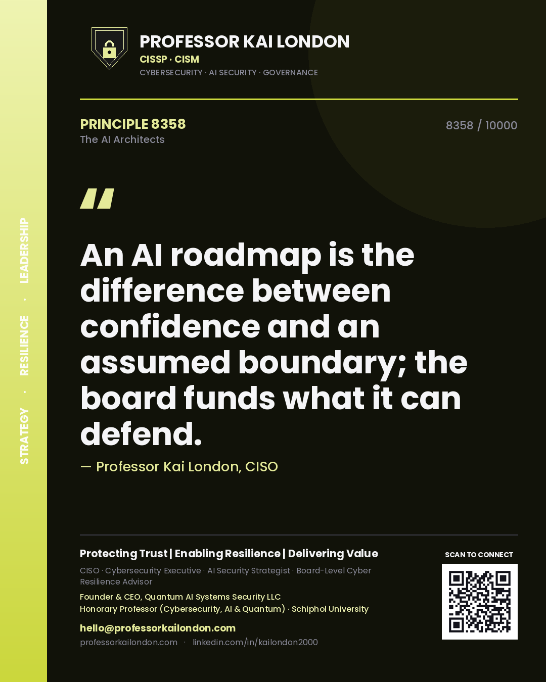 Quote card by Professor Kai London reading 'An AI roadmap is the difference between confidence and an assumed boundary; the board funds what it can defend.'. From the book The AI Architects.