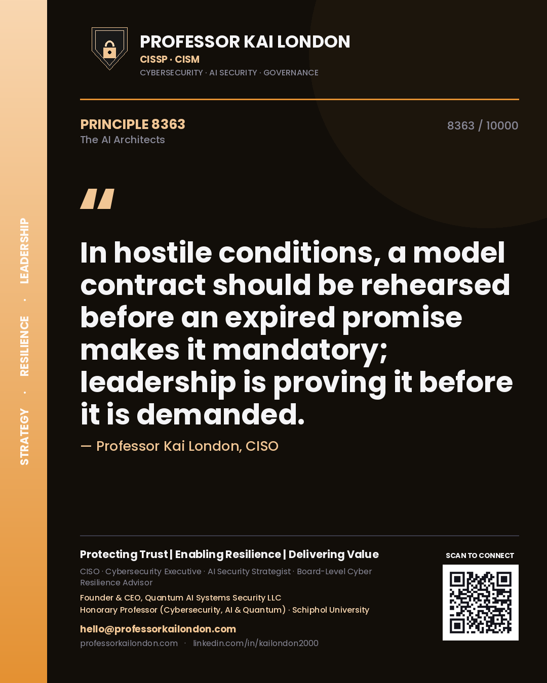 Professor Kai London principle 8363: In hostile conditions, a model contract should be rehearsed before an expired promise makes it mandatory; leadership is proving it before it is demanded.