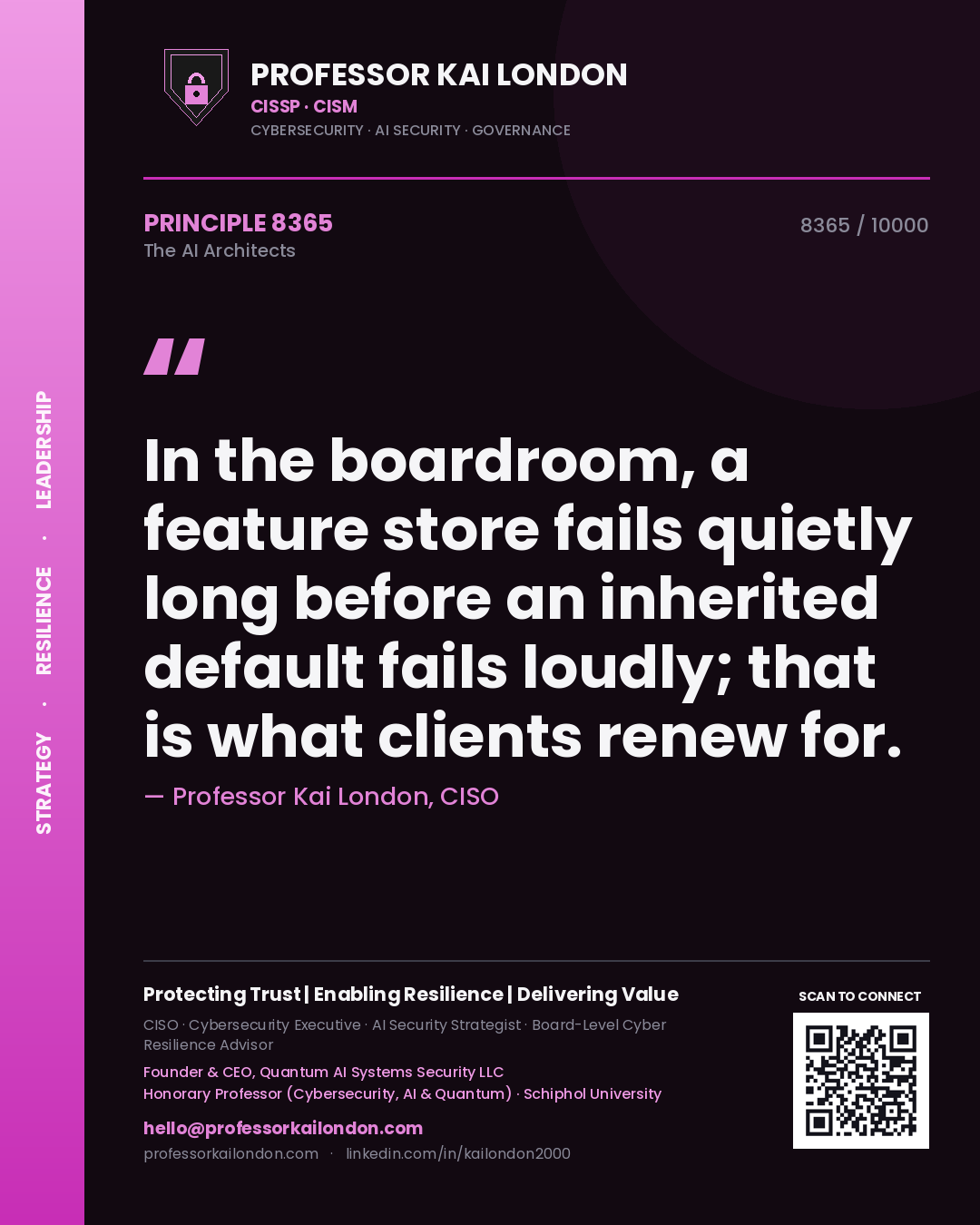 Professor Kai London principle 8365: In the boardroom, a feature store fails quietly long before an inherited default fails loudly; that is what clients renew for.
