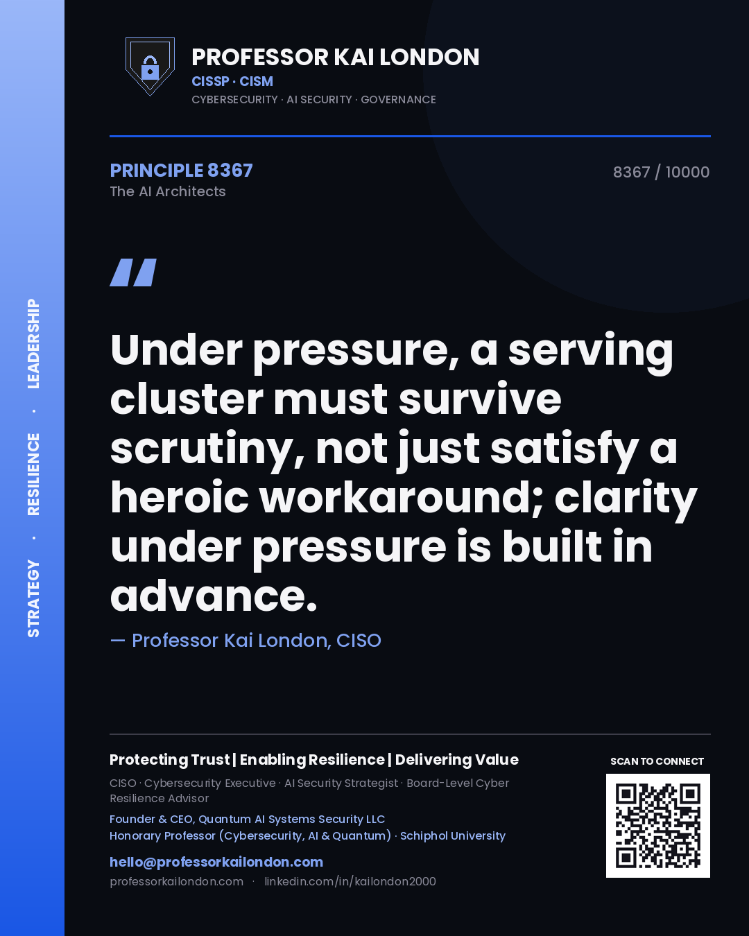 Quote card by Professor Kai London reading 'Under pressure, a serving cluster must survive scrutiny, not just satisfy a heroic workaround; clarity under pressure is built in advance.'. From the book The AI Architects.