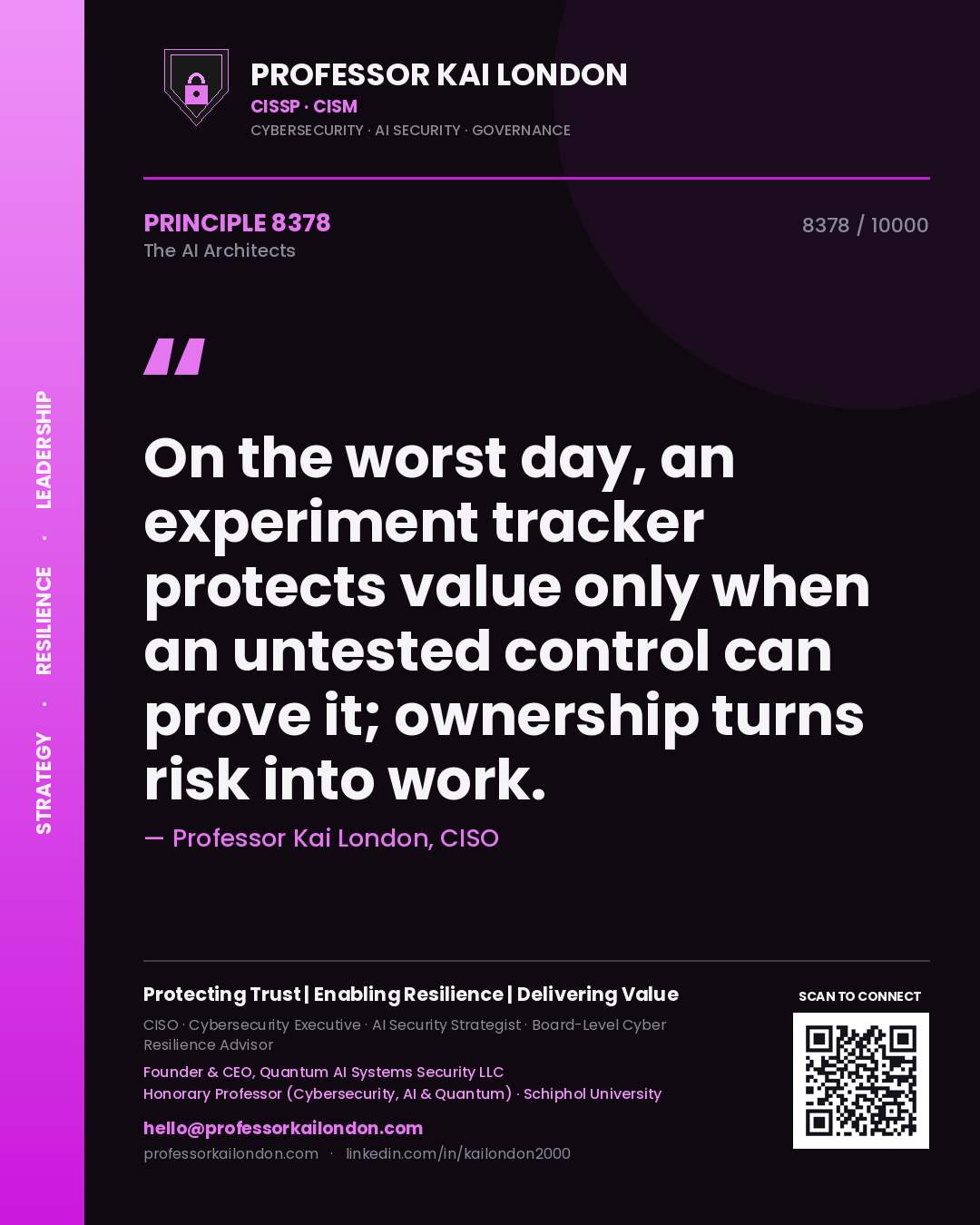 Quote card by Professor Kai London reading 'On the worst day, an experiment tracker protects value only when an untested control can prove it; ownership turns risk into work.'. From the book The AI Architects.