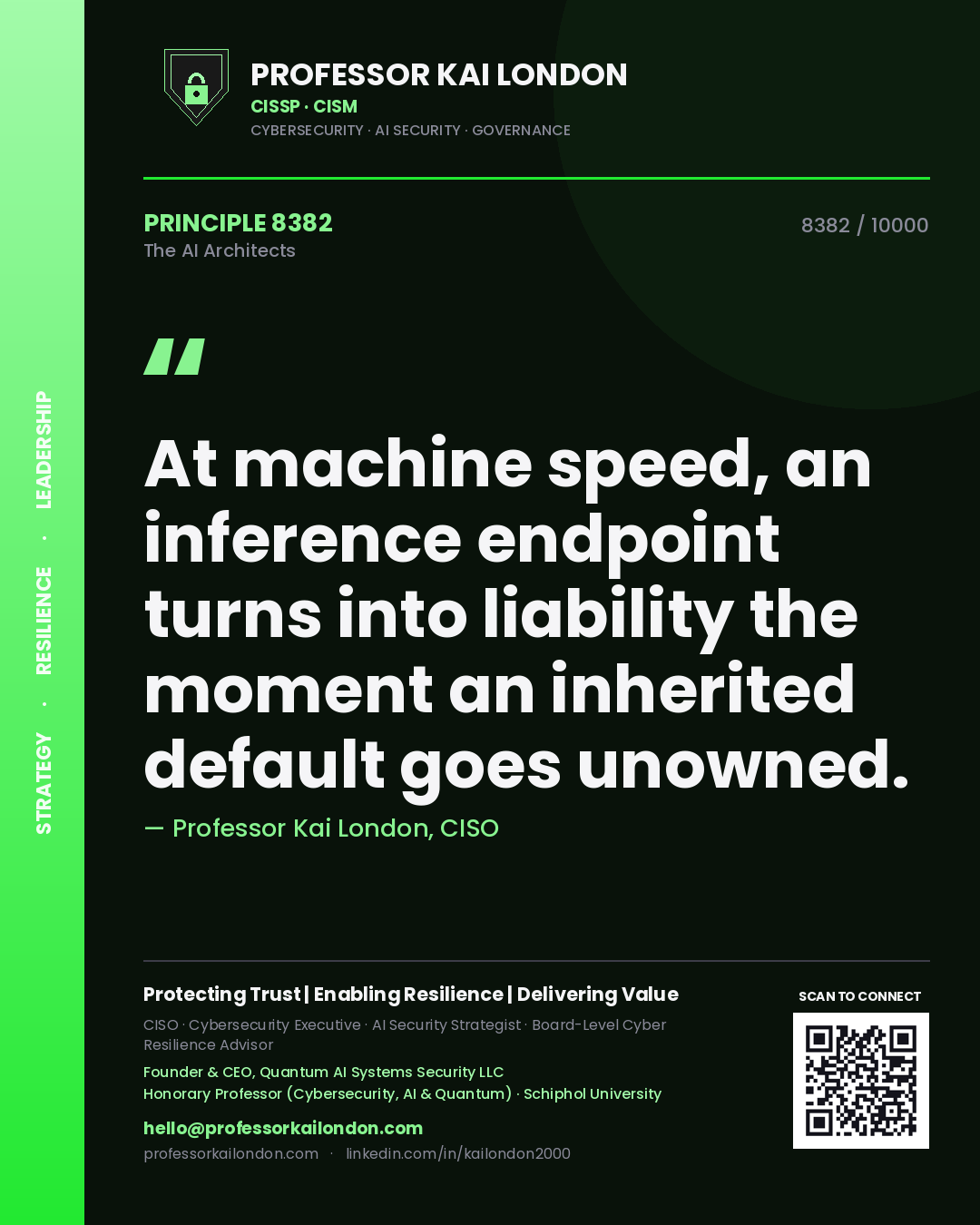 Professor Kai London principle 8382: At machine speed, an inference endpoint turns into liability the moment an inherited default goes unowned.