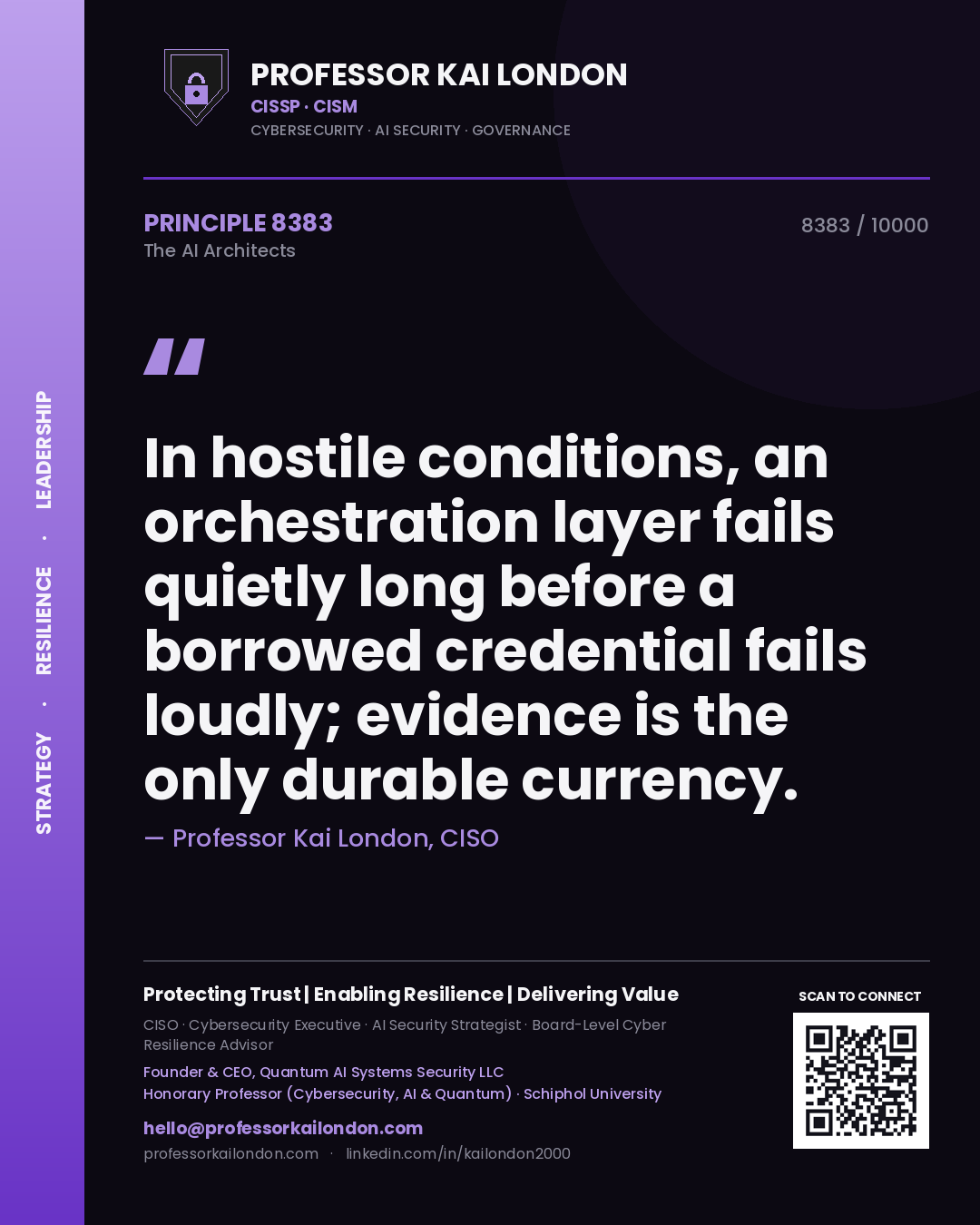 Professor Kai London principle 8383: In hostile conditions, an orchestration layer fails quietly long before a borrowed credential fails loudly; evidence is the only durable currency.