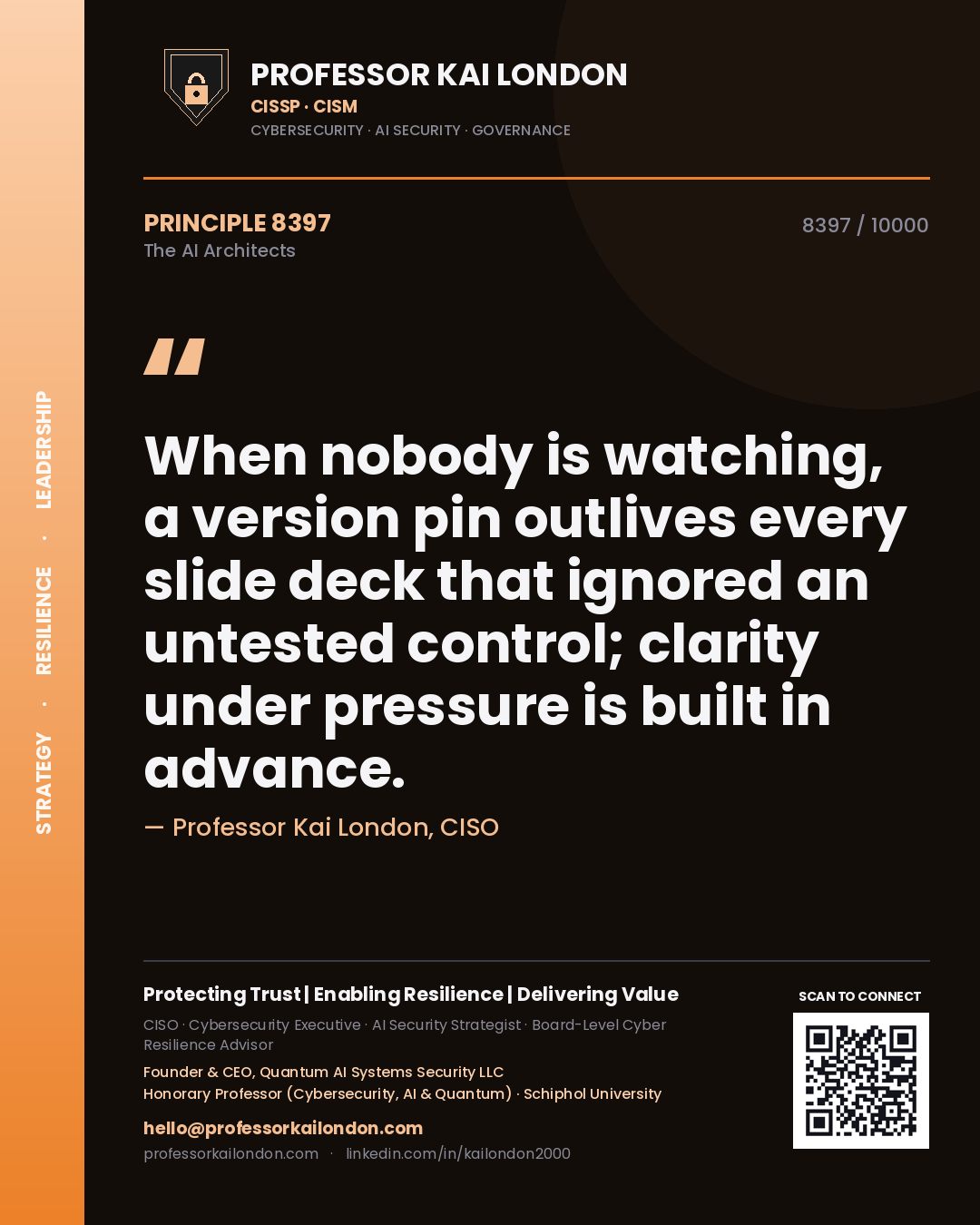 Professor Kai London principle 8397: When nobody is watching, a version pin outlives every slide deck that ignored an untested control; clarity under pressure is built in advance.